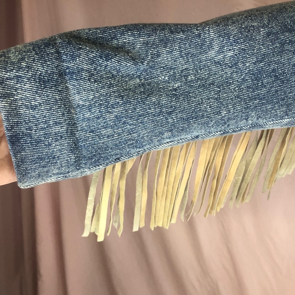 Vintage Blue Denim Western Country Leather Tan Collar Fringe Size Large Like New - Picture 7 of 16